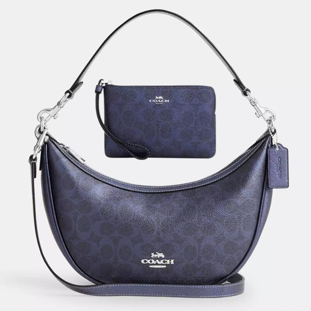 *NWT* COACH Aria Shoulder Bag & Wallet In Metallic Navy/Signature Canvas
